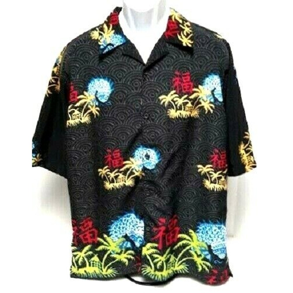 Tropical Asian mens L large button down shirt fish palm tree KAD